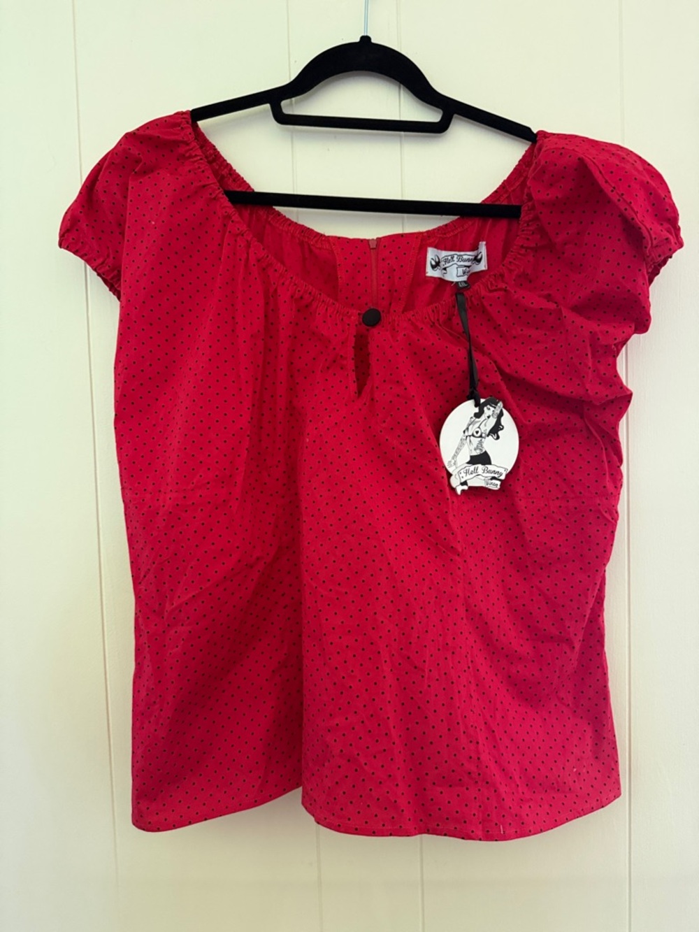 Hell Bunny Red Dot Square Neck Puff Sleeve Blouse